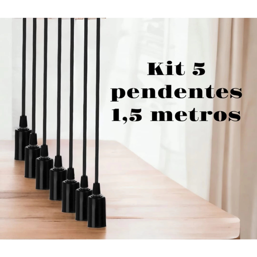 Kit 5 Pendentes Fio Preto 1,5 Metros - Sem Canopla - Lugar Favorito