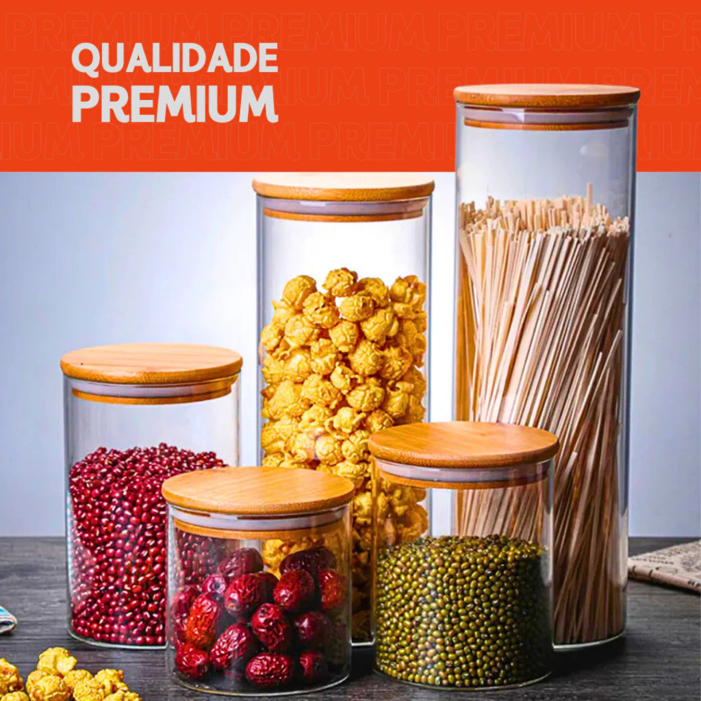 Kit 5 Potes de Vidro Herméticos | Tampa de Bambu | Organização na Cozinha Lugar Favorito