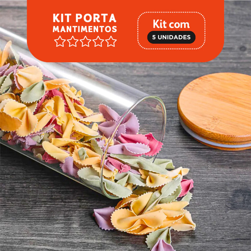 Kit 5 Potes de Vidro Herméticos | Tampa de Bambu | Organização na Cozinha Lugar Favorito