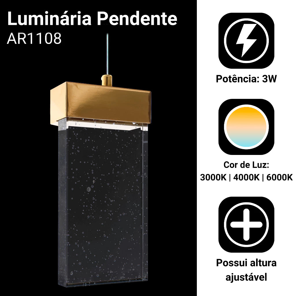 Pendente Retangular Bolhas Dourado - 3 Cores de Luz - Lugar Favorito